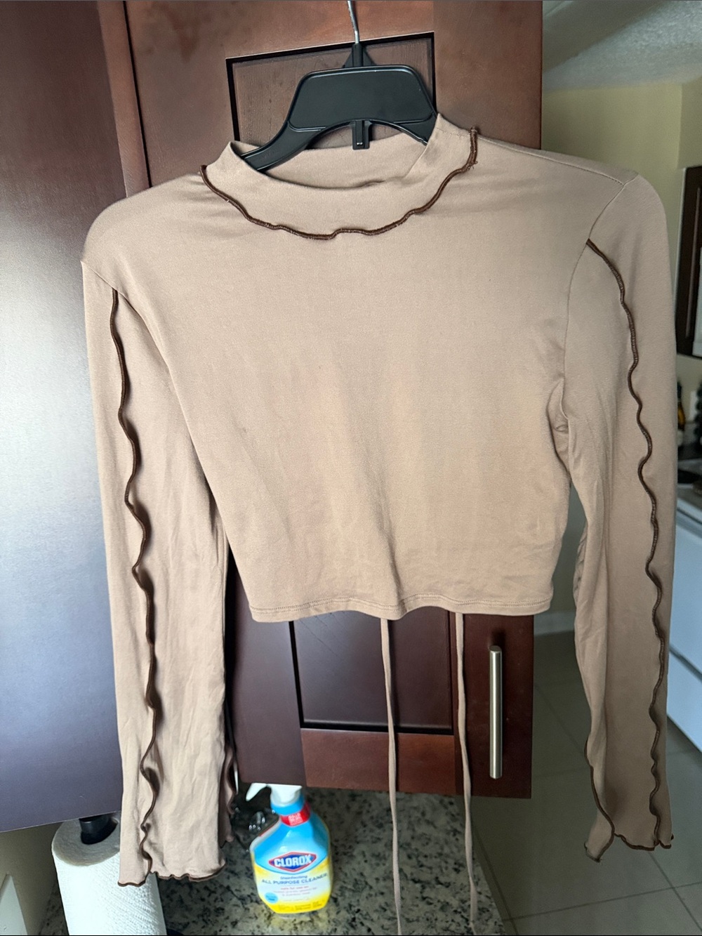 Forever 21 Taupe Long Sleeve Lettuce-Edge Crop Top